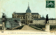 Versailles - École Nationale d'Horticulture. Statue de La Quintinie et église Saint-Louis. P.D., Paris