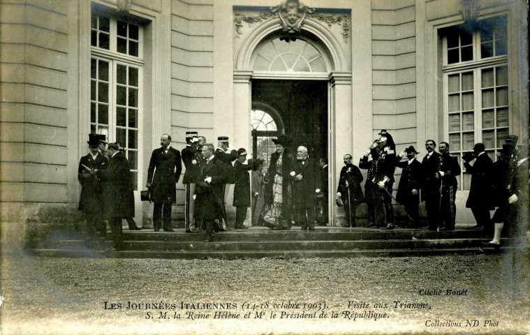 Les journées italiennes (14-18 octobre 1903) - Visite aux Trianons, S.M. la reine Hélène et Mr le Président de la République. Établissements photographiques de Neurdein Frères, Paris