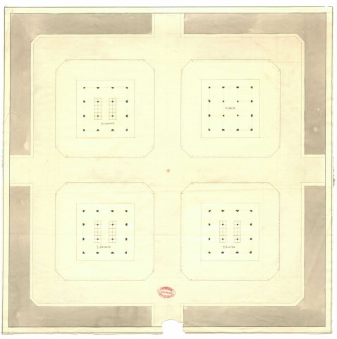 Marché Notre-Dame. Plan des quatre pavillons avec quatre pans coupés : poissons, veaux, légumes, fruits.