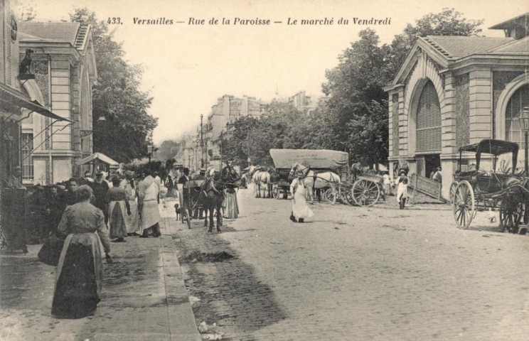 Versailles - Rue de la Paroisse - Le marché du Vendredi. Héliotypie A. Bourdier, Versailles
