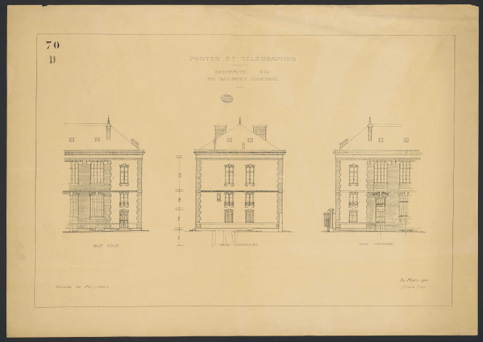 Postes et Télégraphes. Extrémités sud du bâtiment industriel.