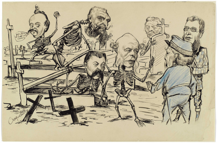 Caricature de Croquebilles parue dans Le Petit Seine-et-Oisien n°37 (4 novembre 1900), "Commémoration des morts".