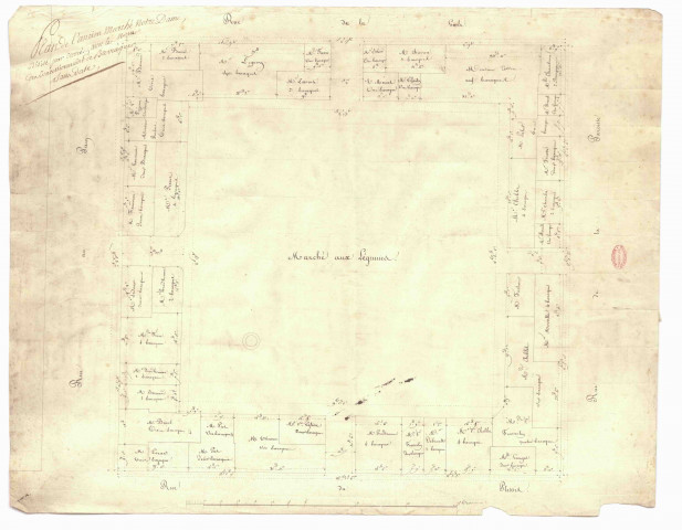 Ancien marché Notre-Dame divisé par carrés, avec les noms des concessionnaires des baraques. Marché aux légumes.