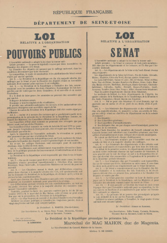Loi relative à l'organisation du Sénat du 24 février 1875 et loi relative à l'organisation des pouvoirs publics du 25 février 1875.